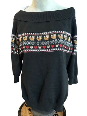NWT Unique Vintage Black Off-Shoulder Sweater Red Hearts & Tan Fox Motif 1X